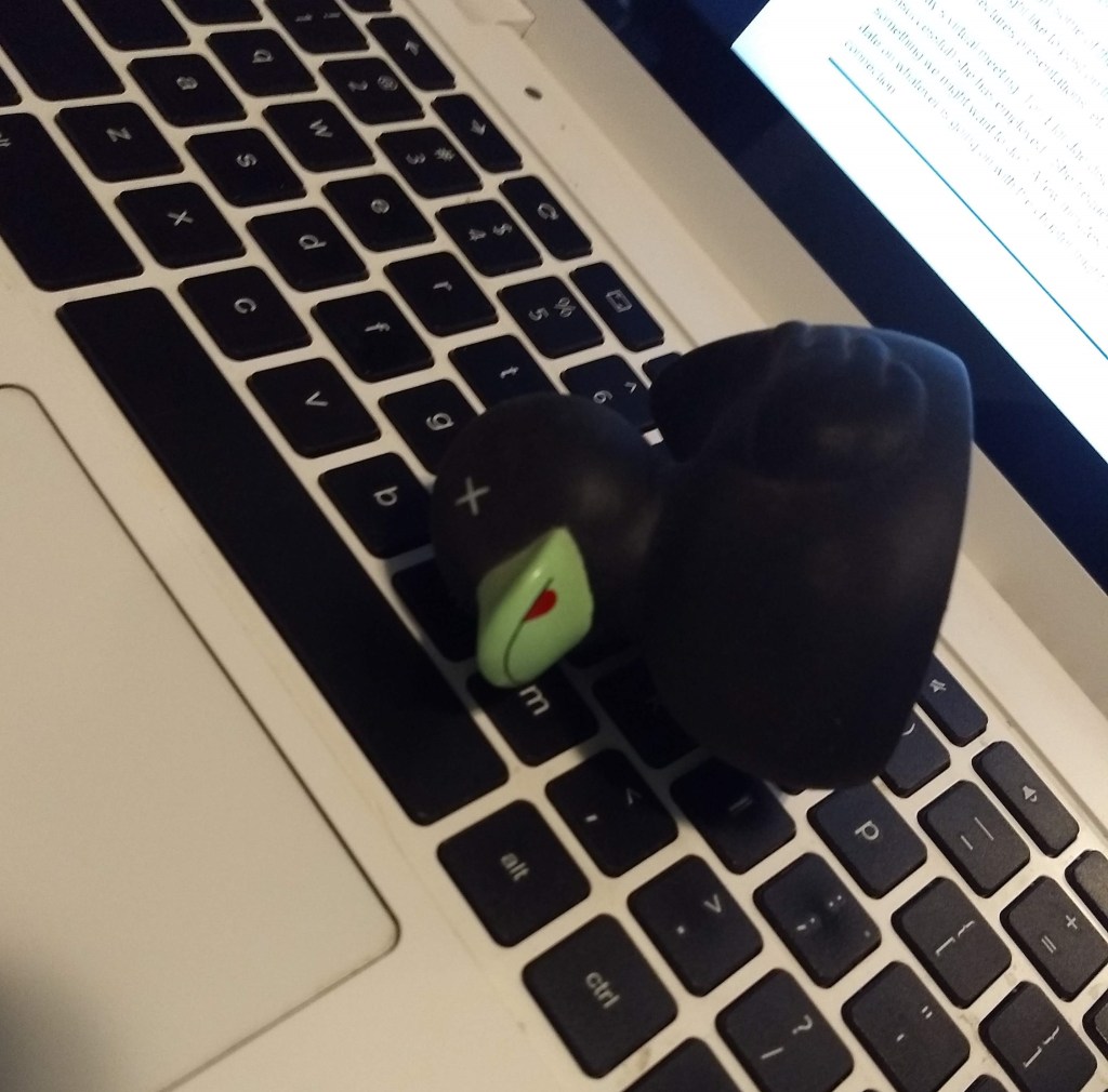 Picture of dead rubber duck on a computer keyboard.